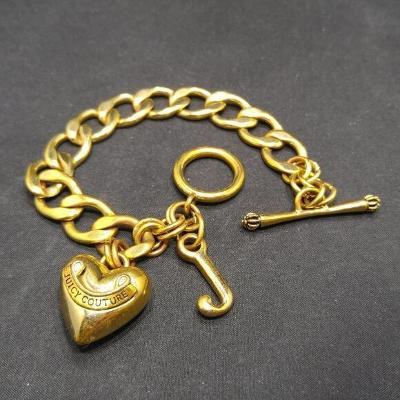 Juicy Couture Gold Tone Puffy Heart Toggle Bracelet 8" J Charm Vintage Jewelry - Picture 1 of 6